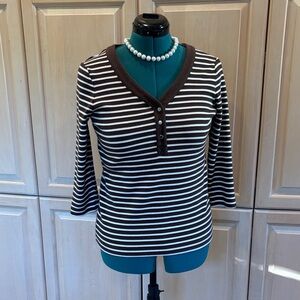 Chico's Brown and White Striped 3/4 Sleeve Top